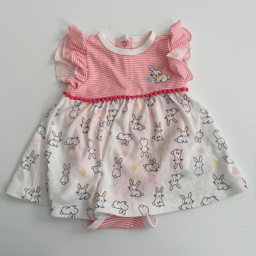 Little Me Bunny Dress Pink White Stripes Easter Ruffle Short Sleeve